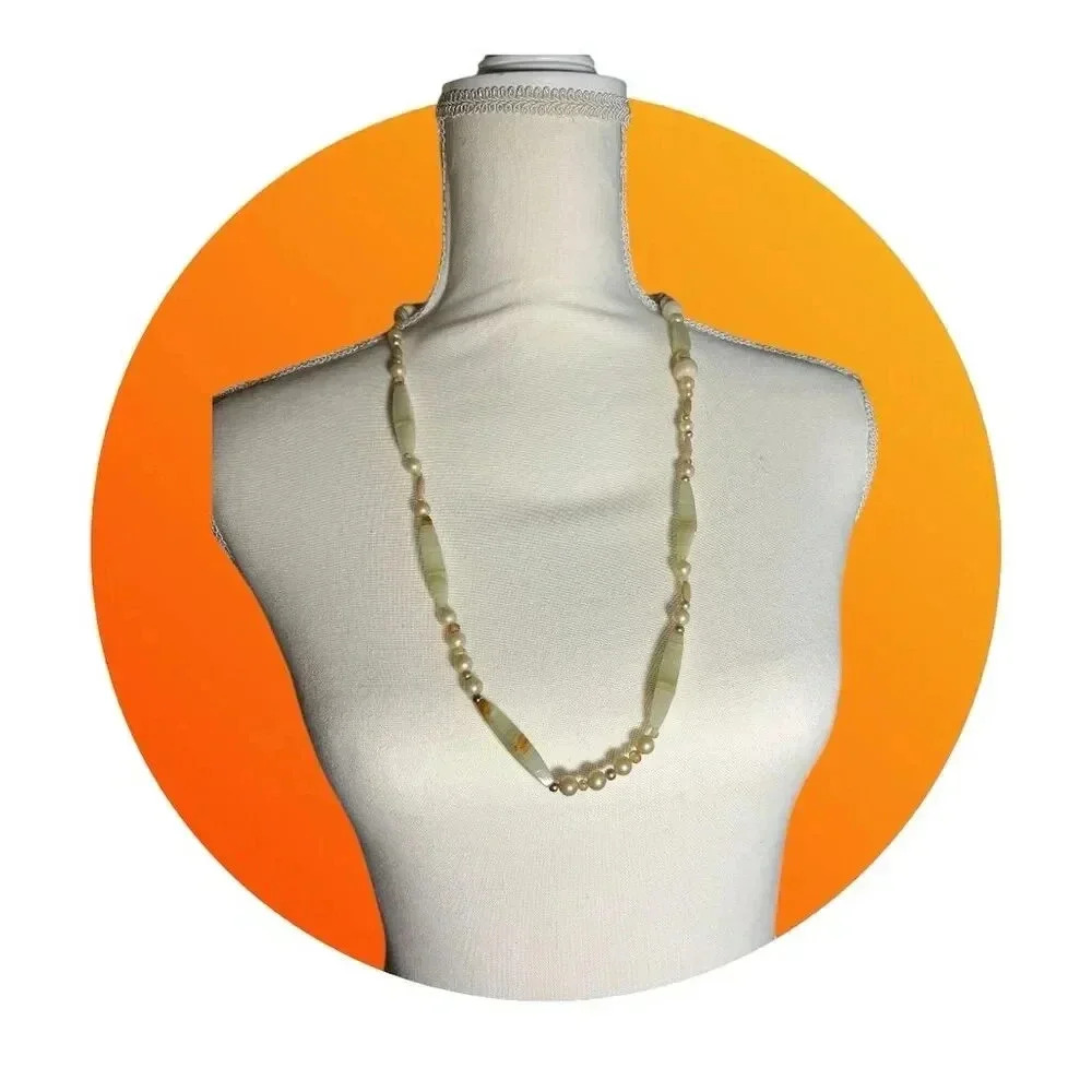 Vintage‎ Beige Beaded Necklace Glass Ceramic Statement Jewelry